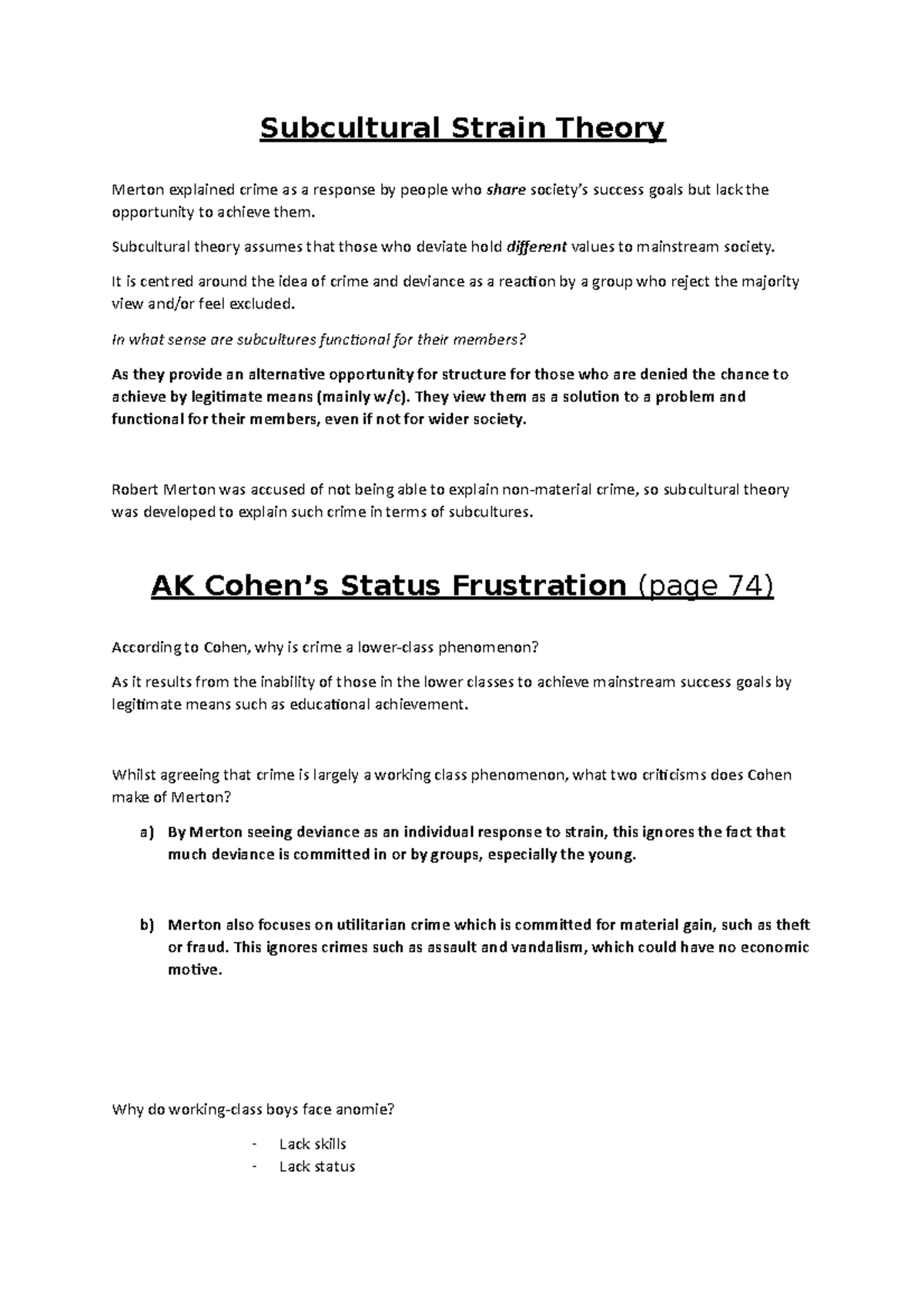 Cohen's Subcultural Theory: A Study on Status Frustration and Deviance ...