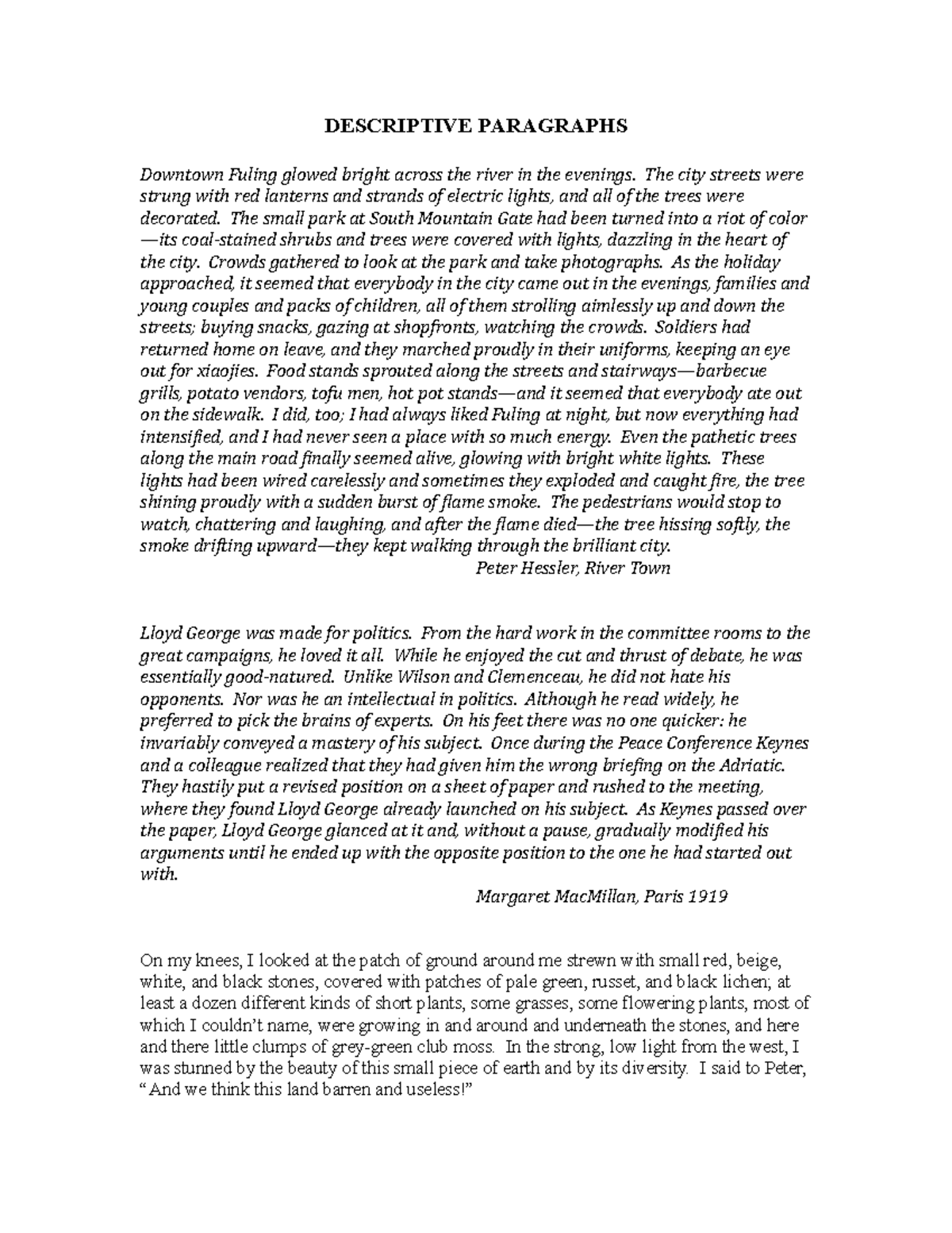 Descriptive Paragraphs - DESCRIPTIVE PARAGRAPHS Downtown Fuling glowed ...