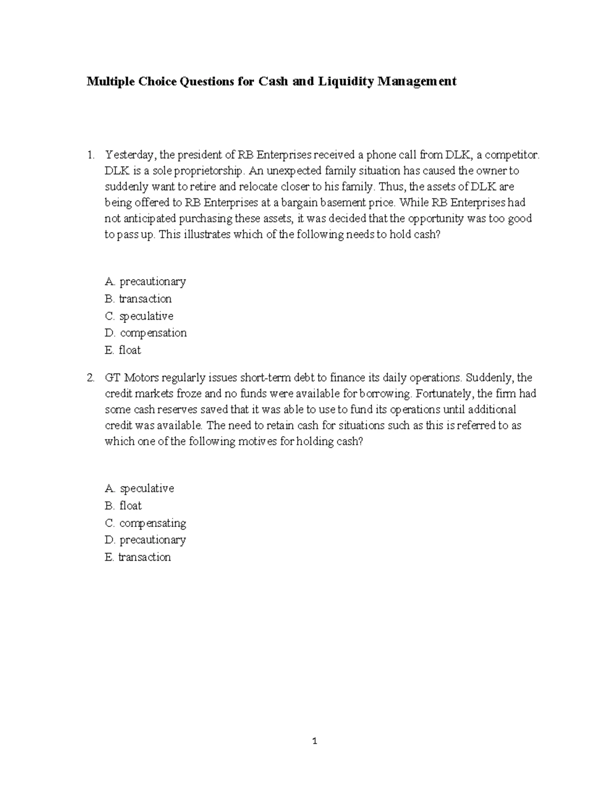 Multiple Choice Questions for Receivables & Payables Management (Course ...
