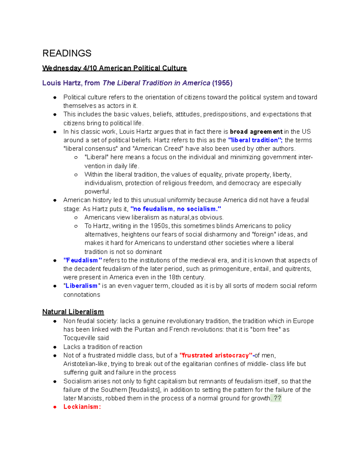 American Political Culture & Liberal Tradition - Poli Sci-220 Readings ...