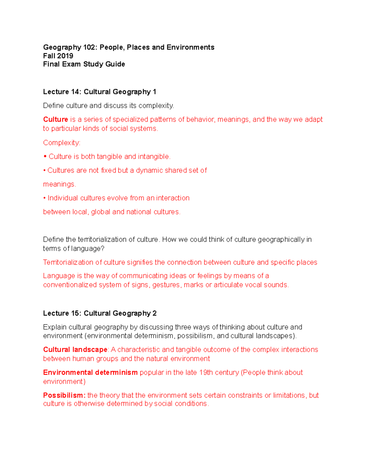 GEOG102 Final Study Guide Kopie - Geography 102: People, Places and ...