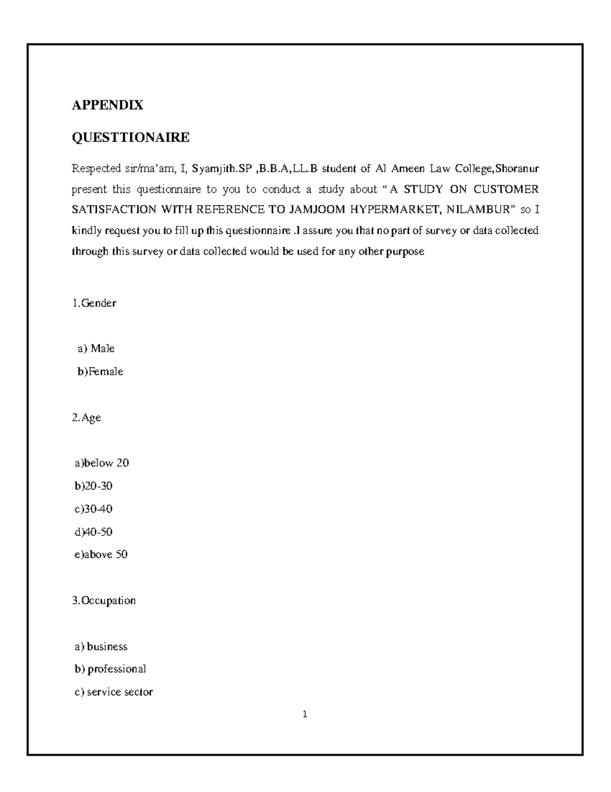 BBA Project Questionnaire on Customer Satisfaction at Jamjoom ...