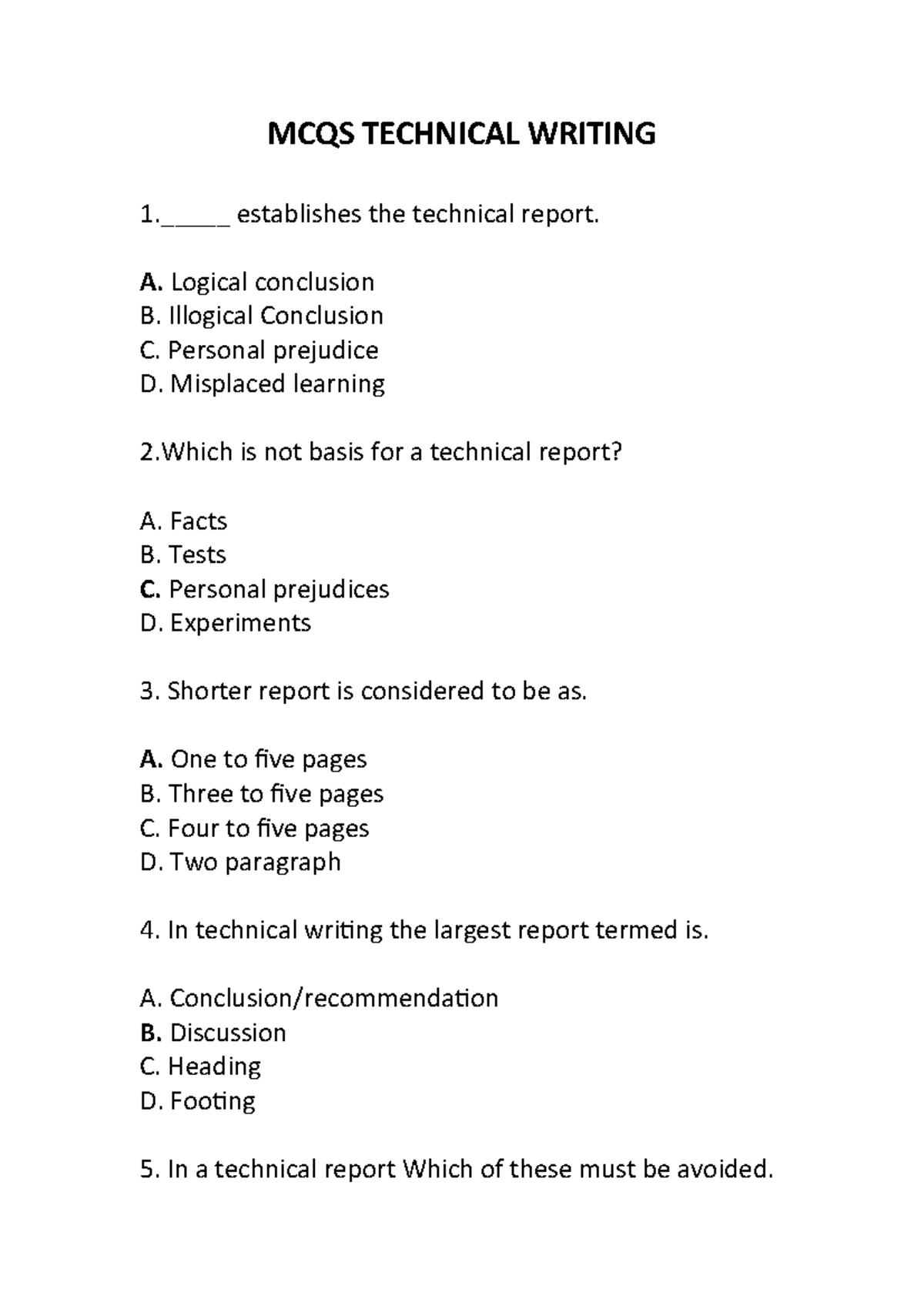 MCQs for Technical Writing: A Logical Conclusion (TW101) - Studocu