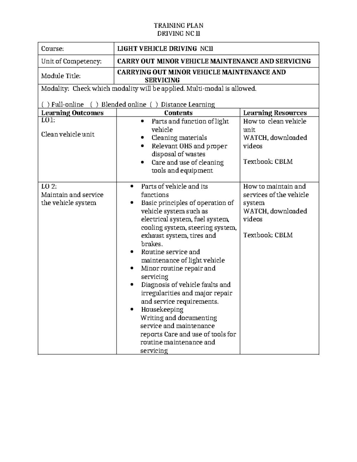 Driving School training plan - DRIVING NC II Course: LIGHT VEHICLE ...