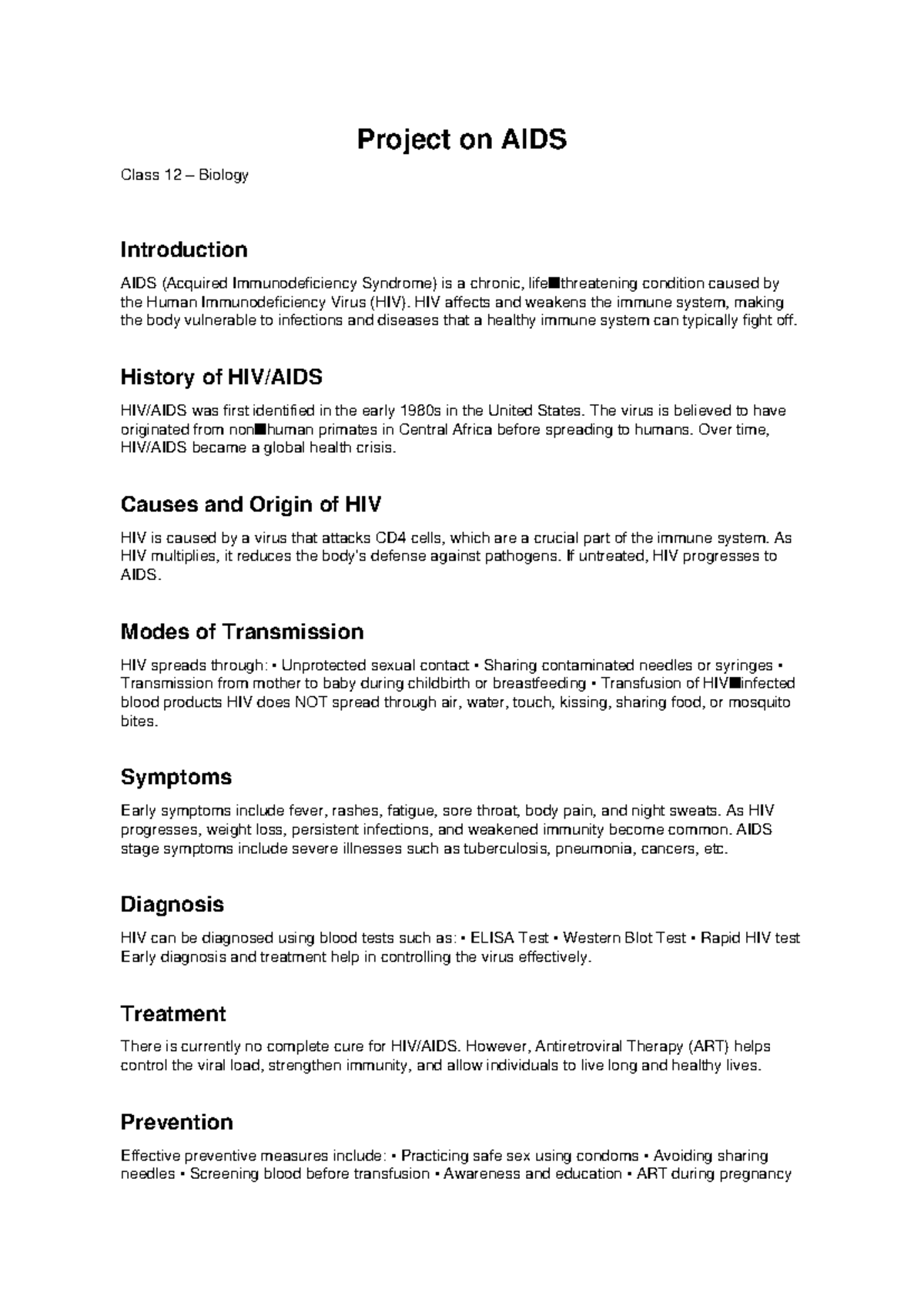Class 12 Biology Project: Understanding AIDS and HIV - Studocu