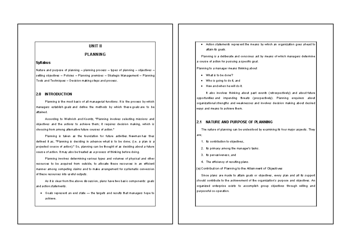 UNIT II: Comprehensive Overview of Planning & Strategic Management ...