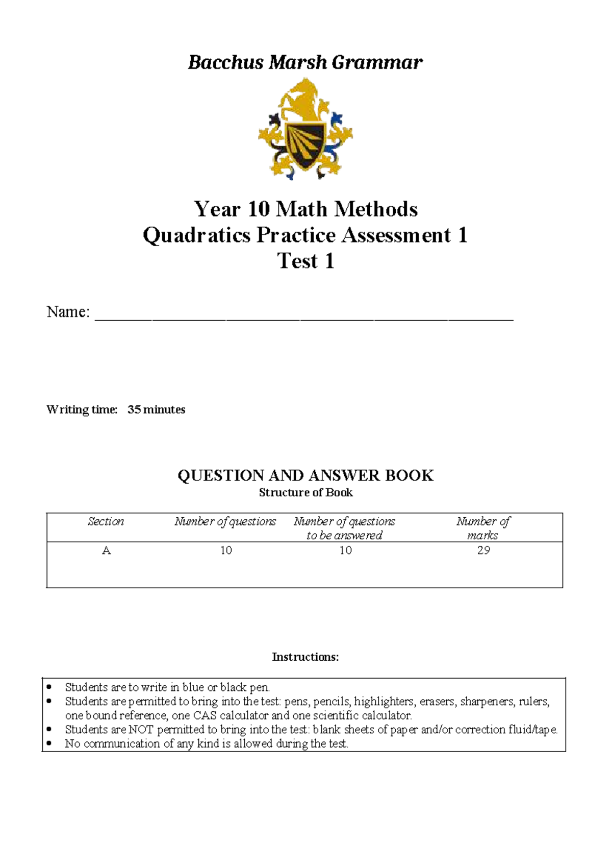 Year 10 Math Methods (Bacchus Marsh) - Quadratics Practice Test 1 - Studocu