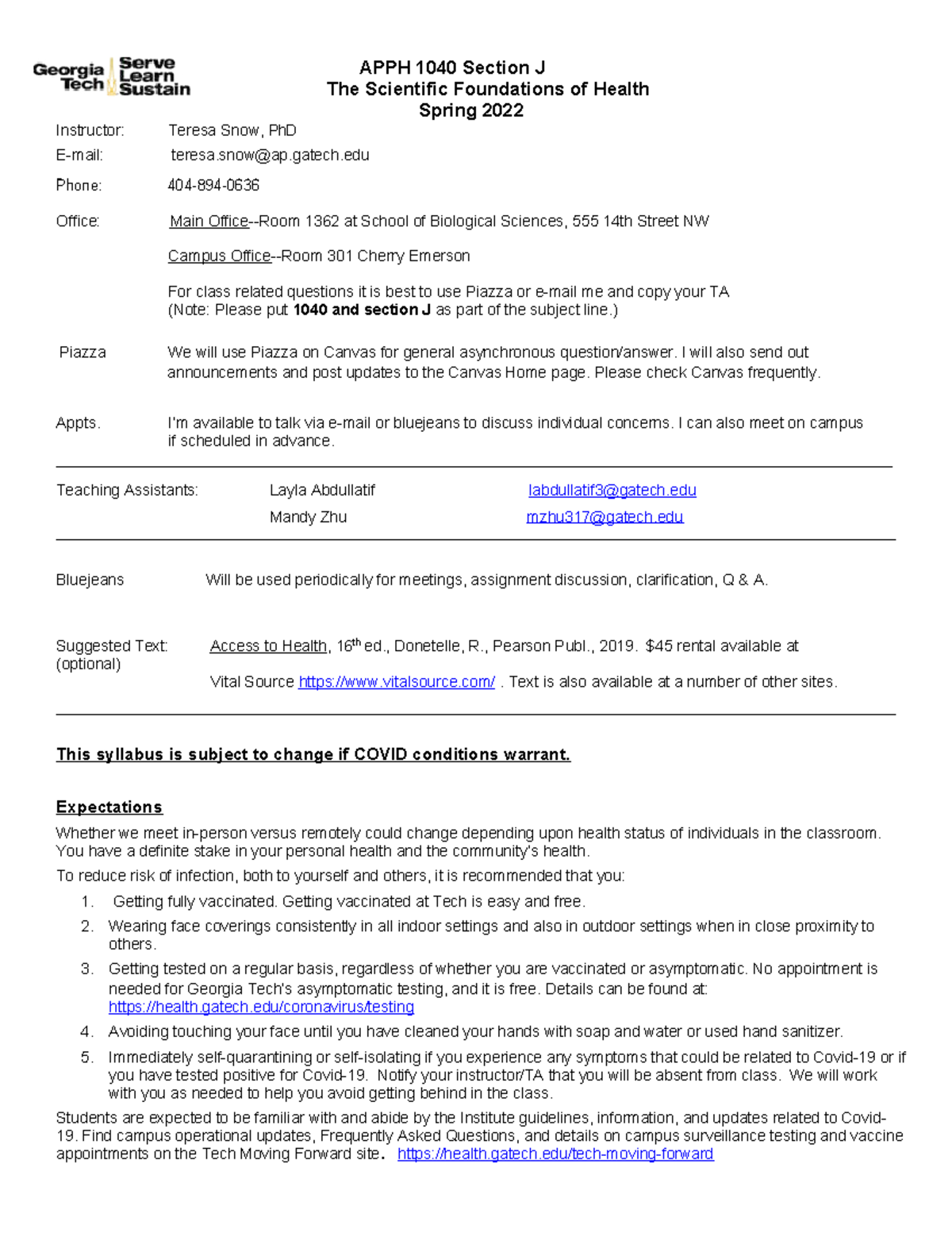 APPH 1040 Section J Syllabus: The Scientific Foundations of Health ...