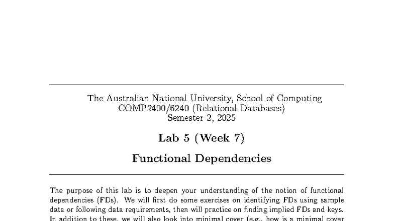 Lab 5 (Week 7) Exercises on Functional Dependencies - ANU COMP - Studocu