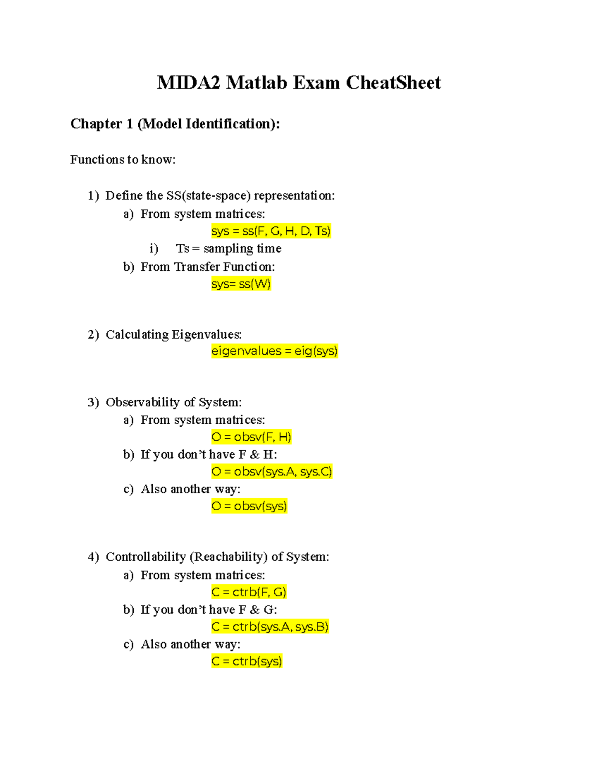 MIDA2 Matlab Exam Cheat Sheet: Key Functions & System Analysis - Studocu