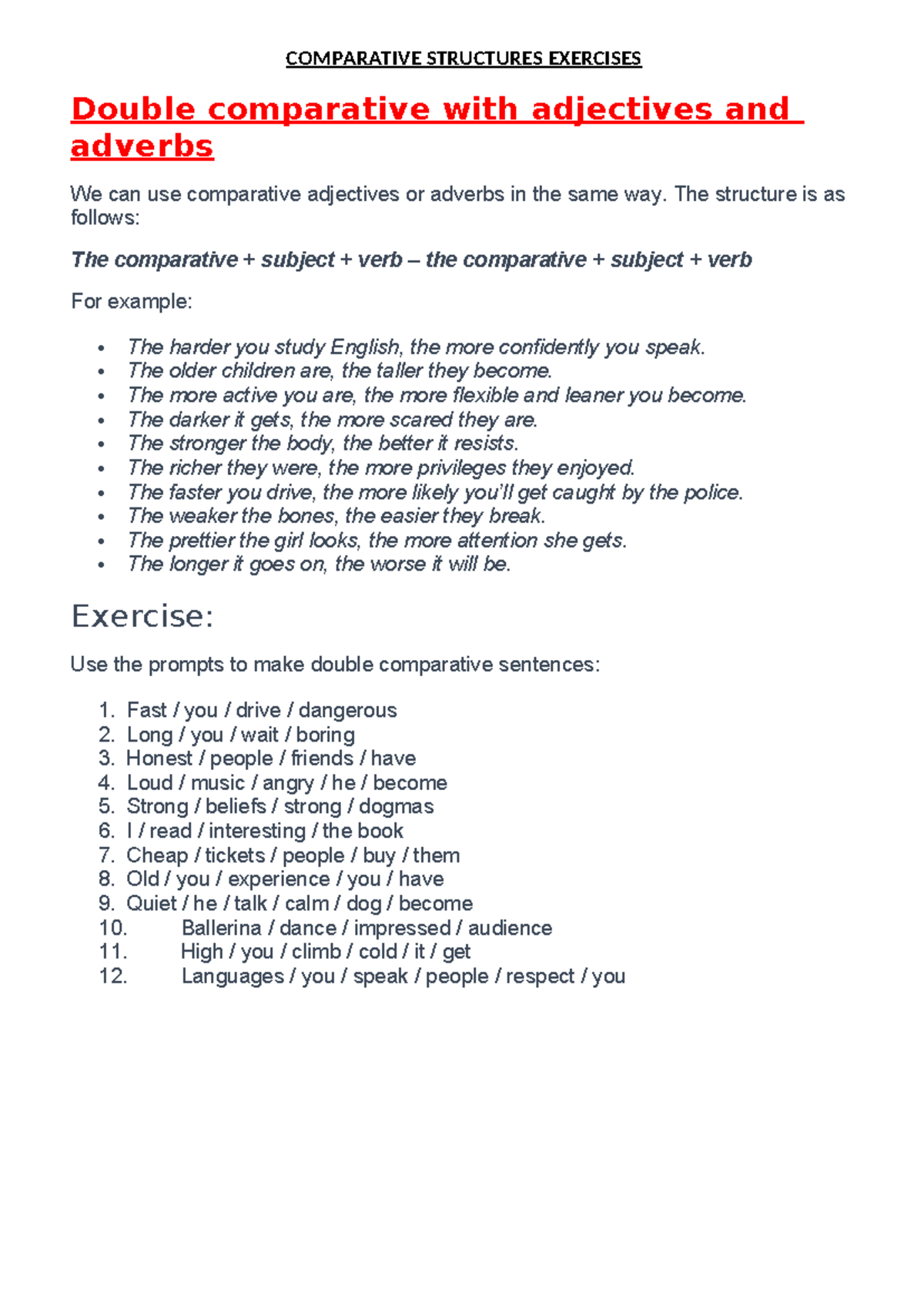 Comparative Structures Exercises: Double Comparatives in Adjectives and ...