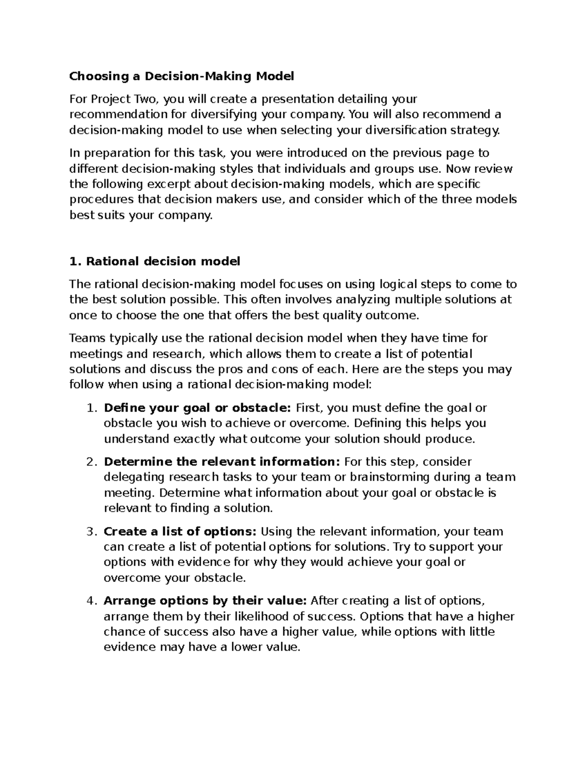 Choosing a Decision-Making Model for Project Two Presentation - Studocu