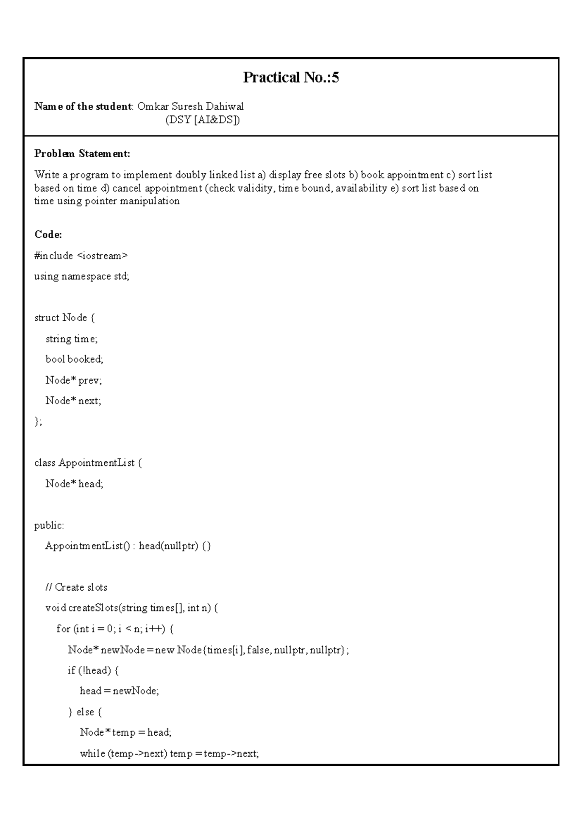 Ds5 - Practical 5: Implementing a Doubly Linked List for Appointments ...