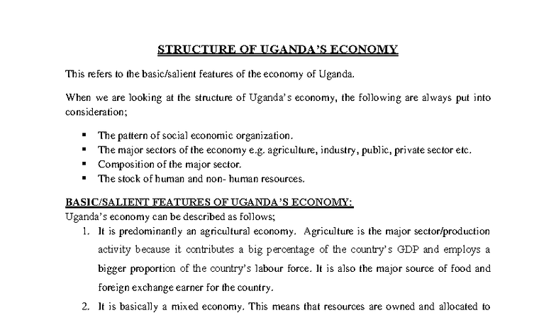 S.5 Structure of Uganda's Economy: Key Features and Implications - Studocu