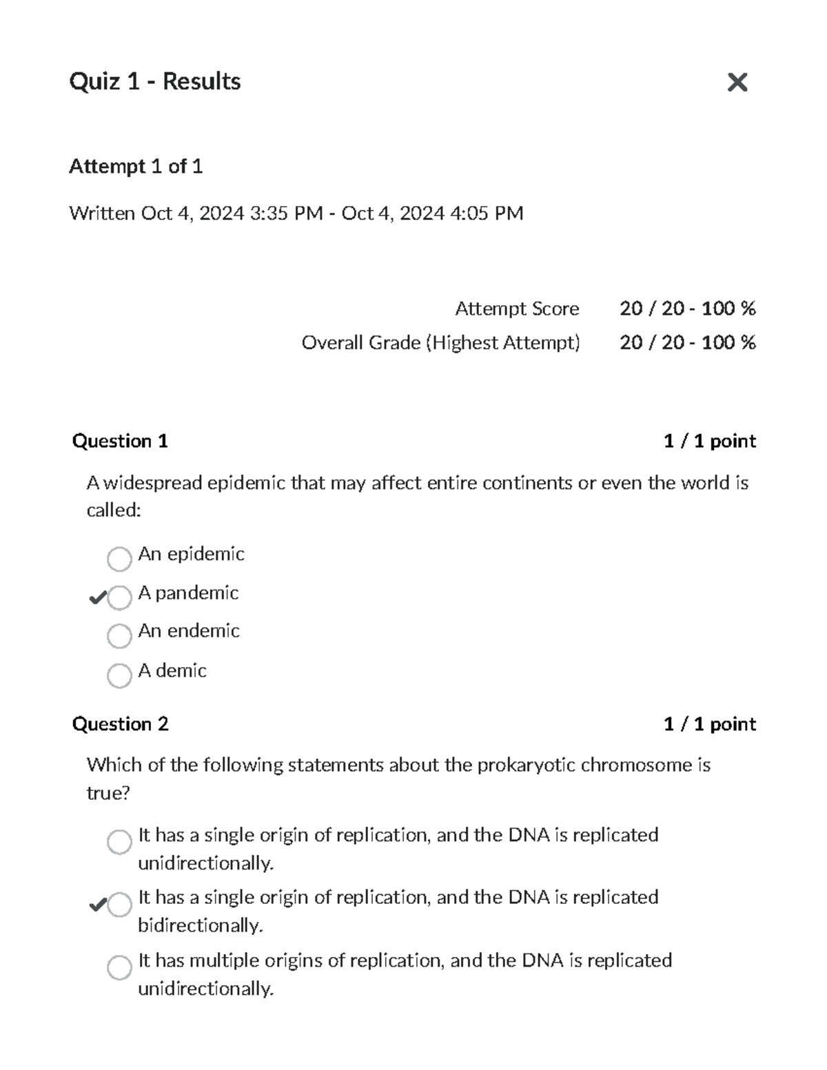 Quiz 1 - Practice Questions & Results for Biology 101 - Studocu