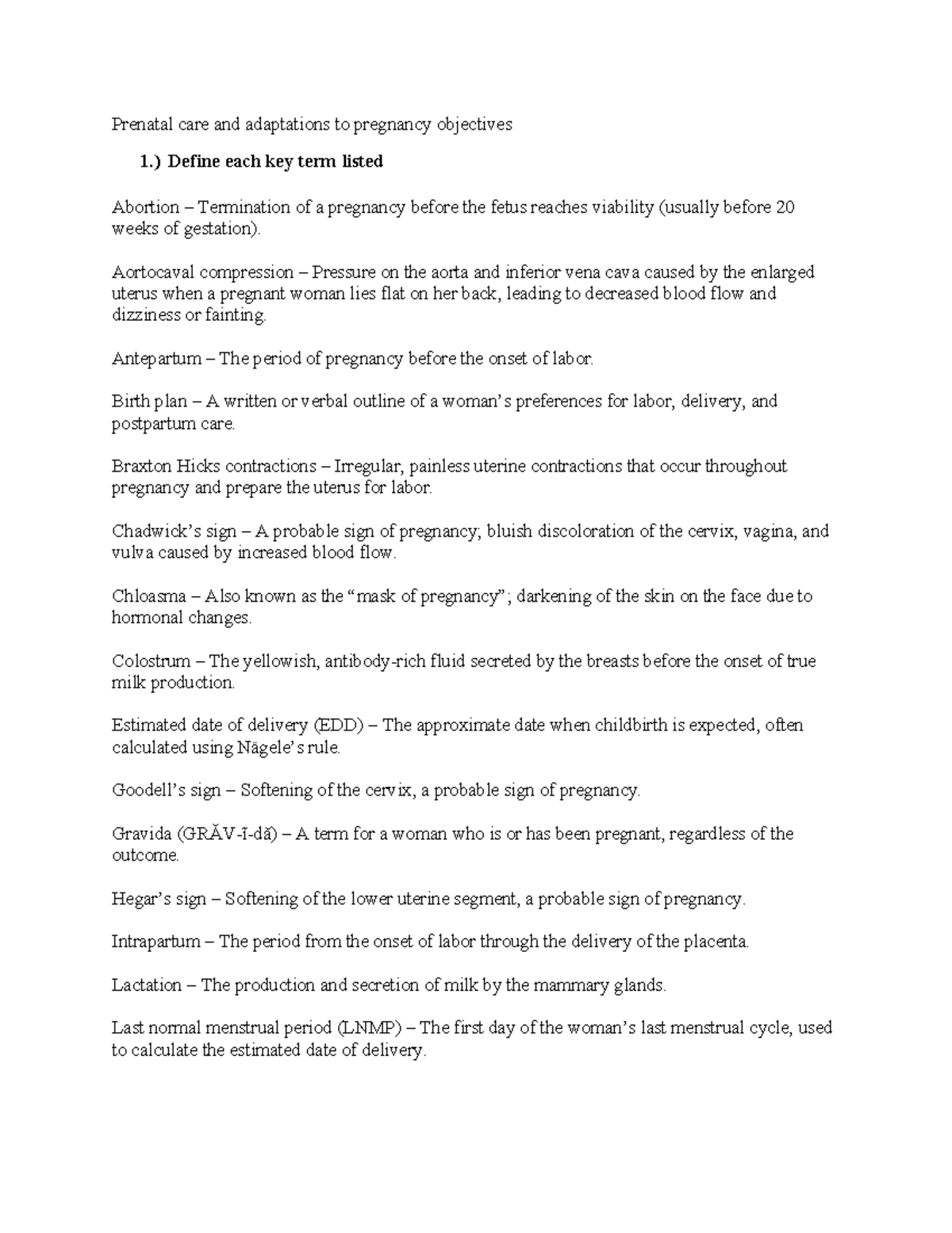 Prenatal Care Objectives: Key Terms and Goals for Pregnancy - Studocu