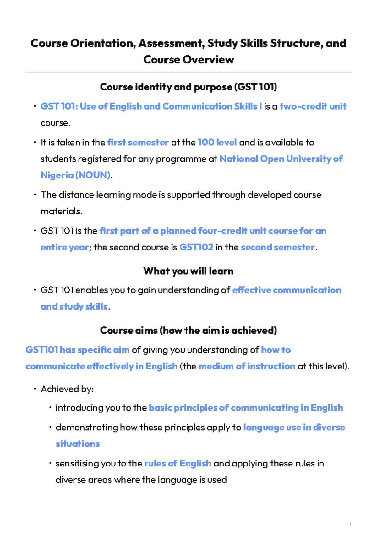 GST 101: Use of English and Communication Skills I - Course Overview ...