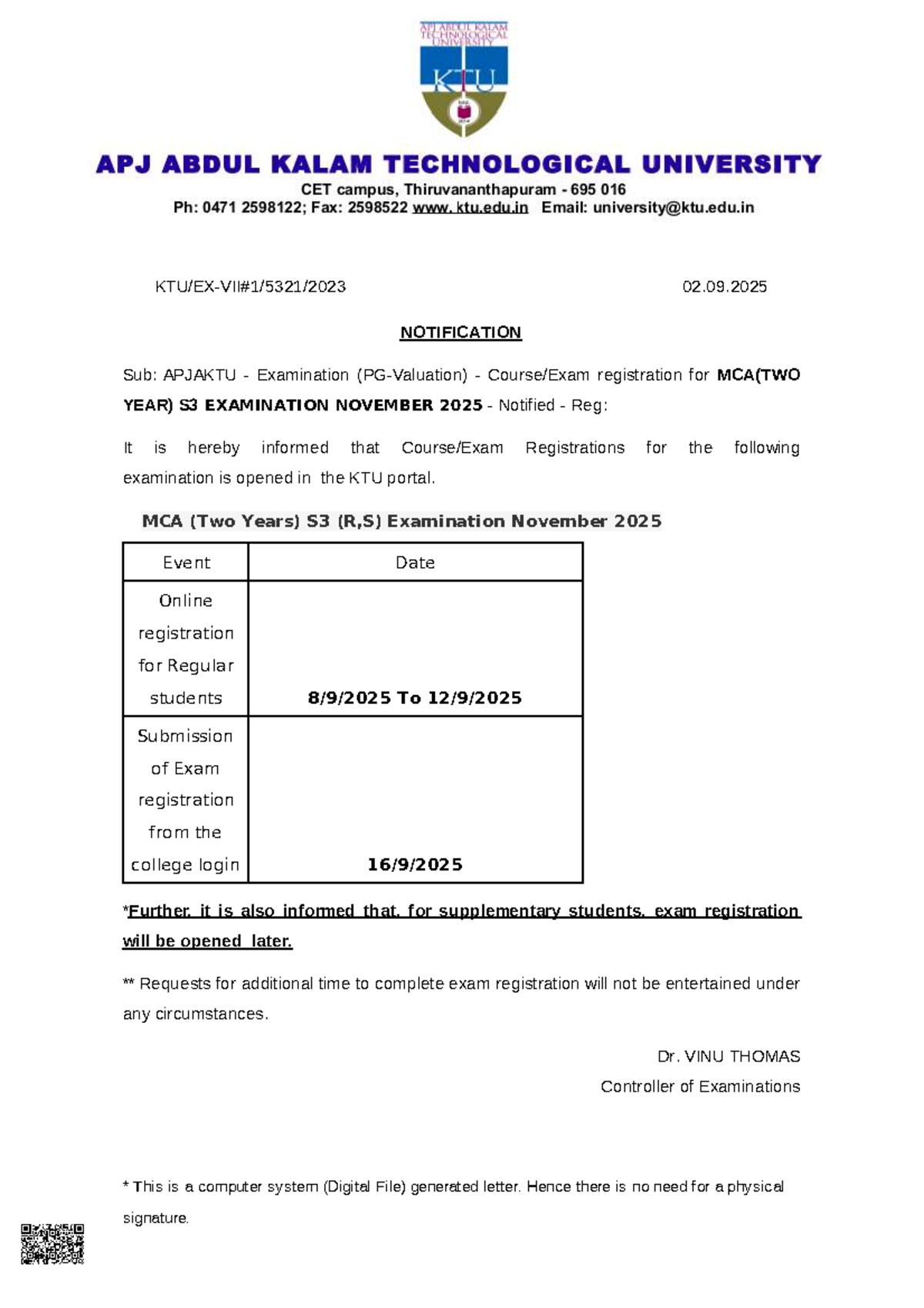 KTU MCA S3 Exam Registration Notification for Nov 2025 - Studocu