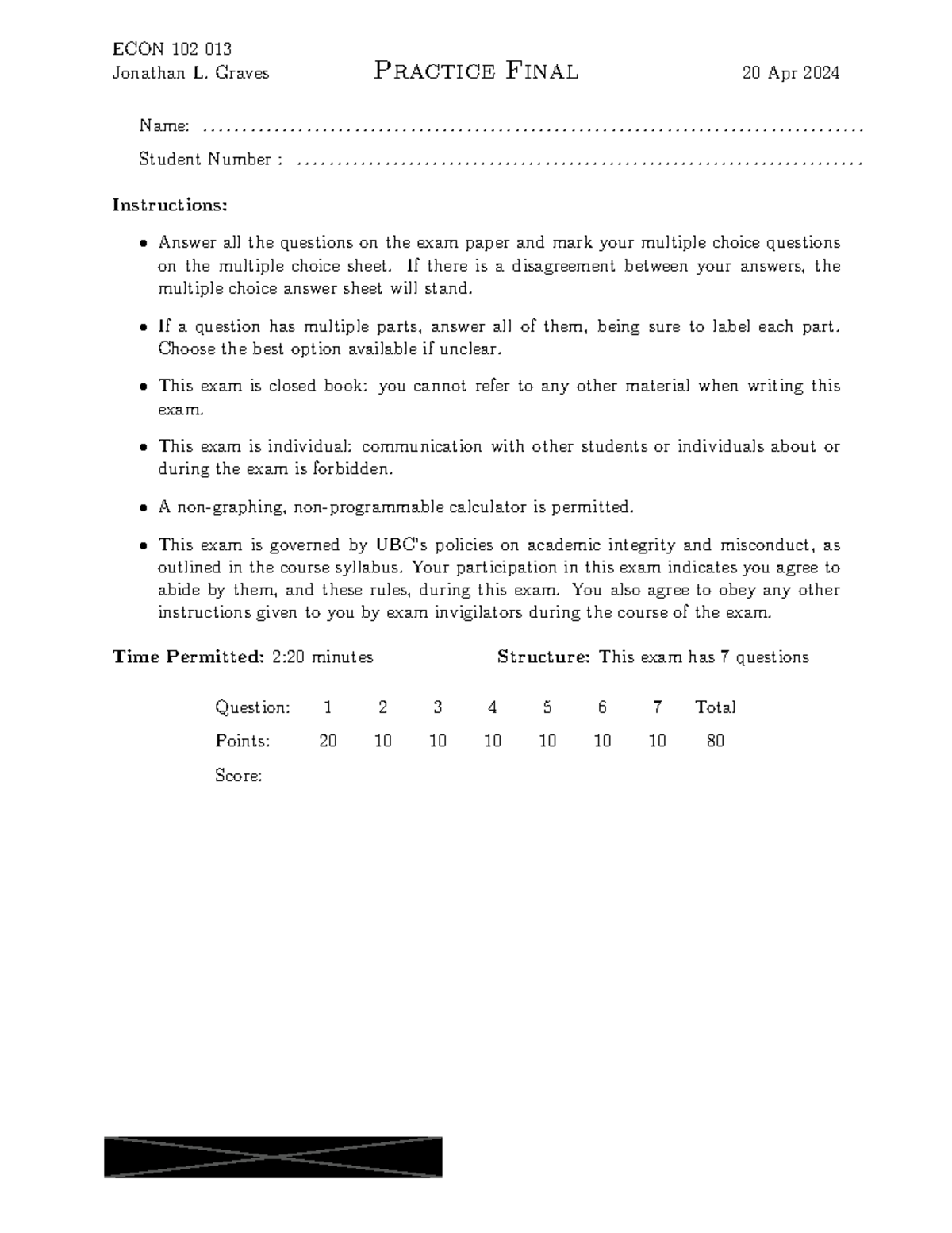ECON 102 013 Practice Final Exam 2023W2 - Jonathan L. Graves - Studocu