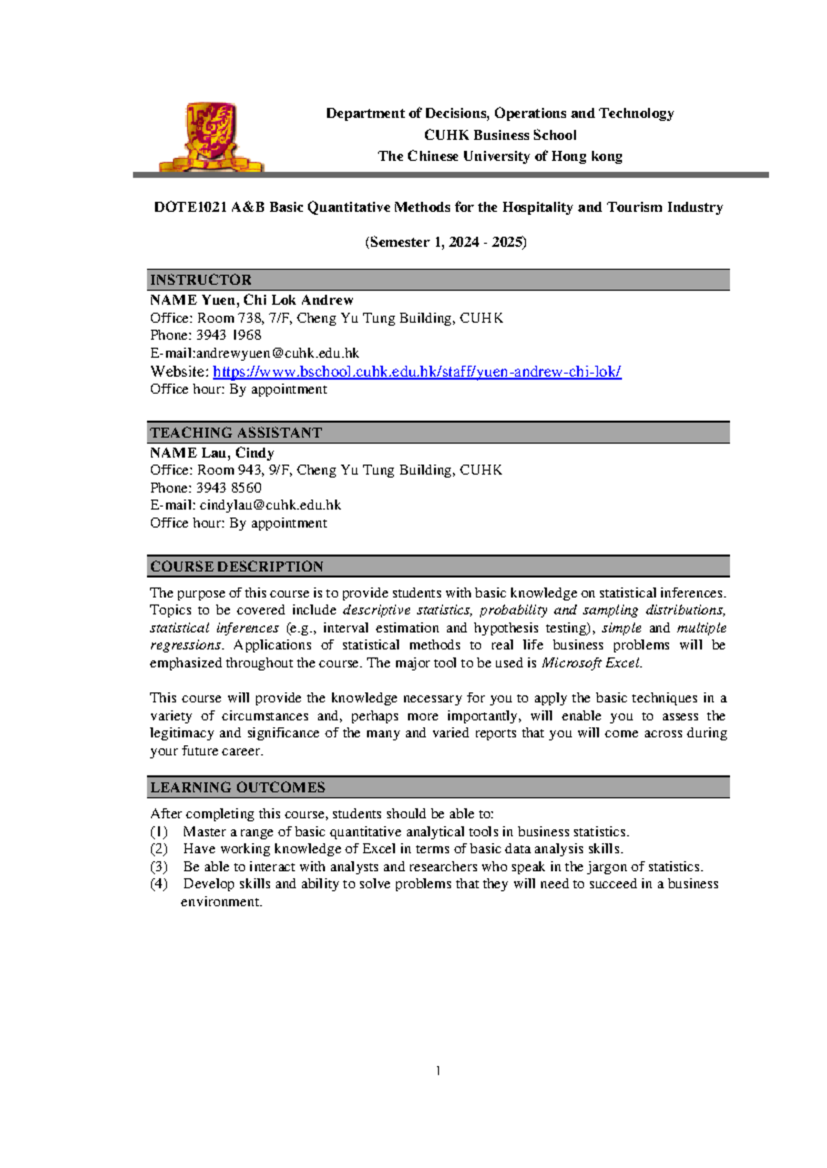 Course Outline DOTE1021: Basic Quantitative Methods 2024-25 - Studocu