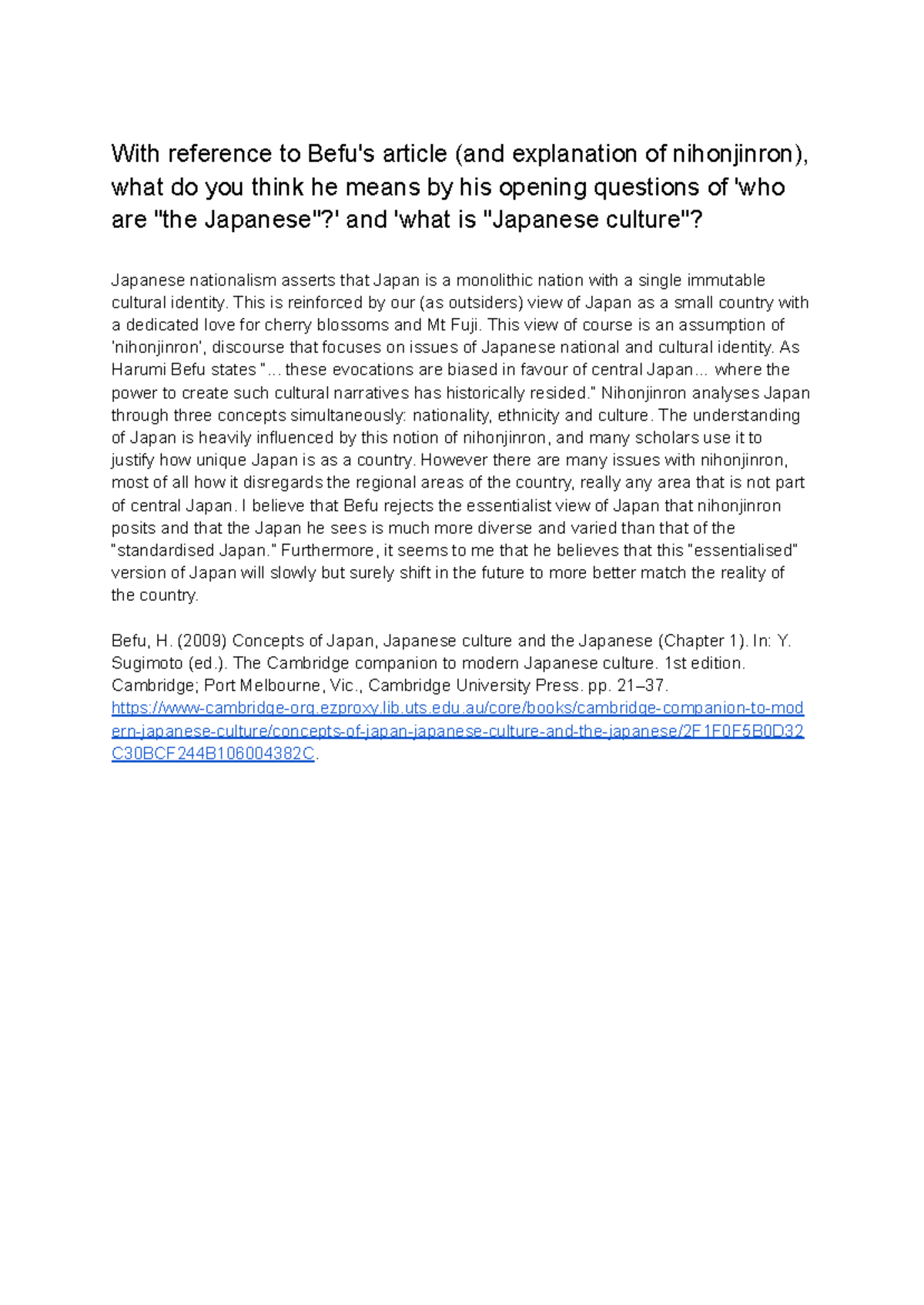 W4 Reflection - With reference to Befu's article (and explanation of ...