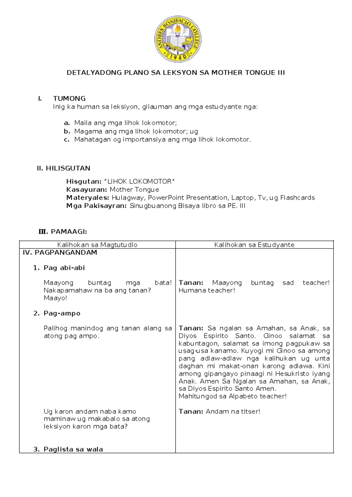 Detalyadong Plano SA Leksyon SA Mother Tongue 1 - DETALYADONG PLANO SA ...