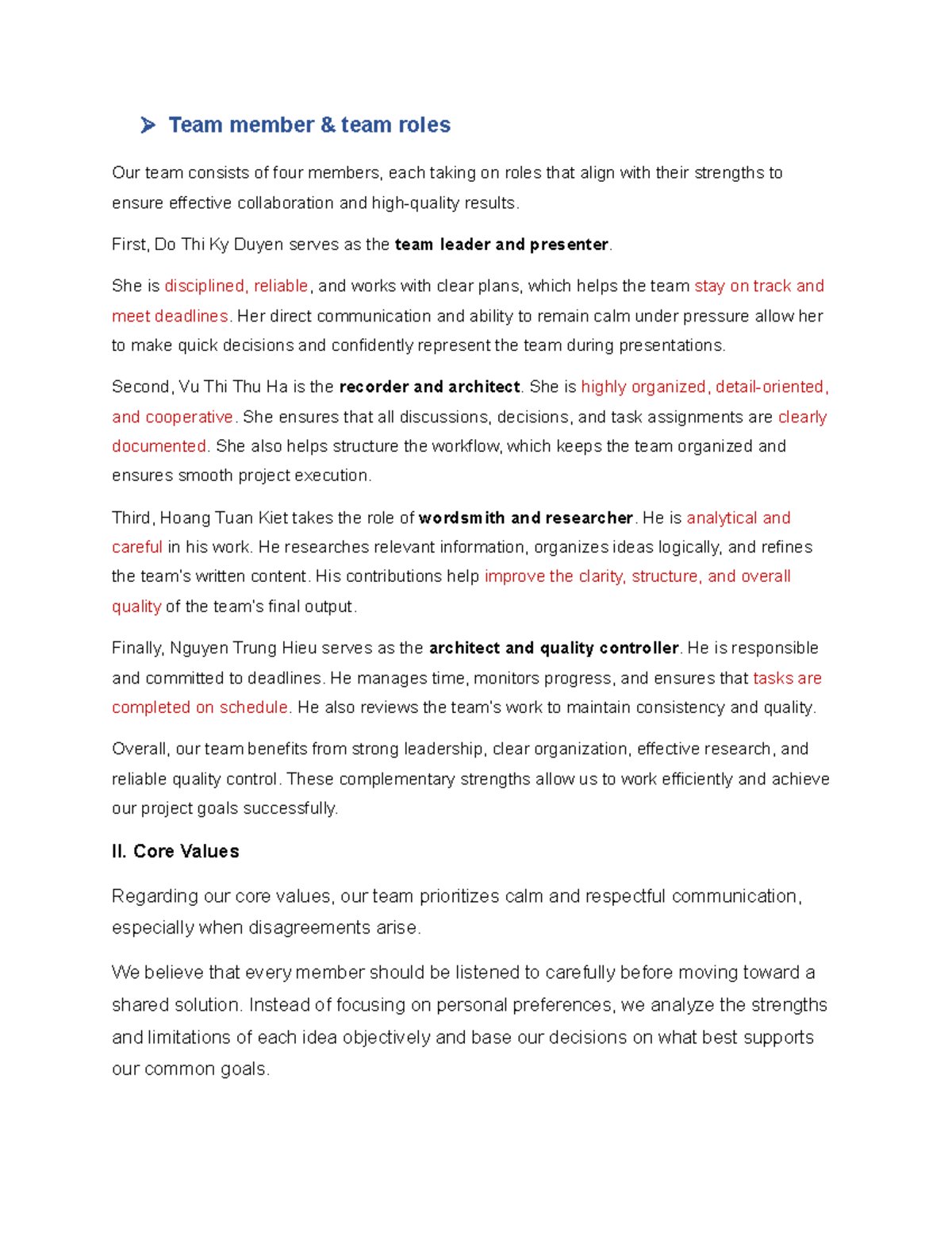 Team Roles and Core Values Overview for Project THUYẾT Trình - Studocu