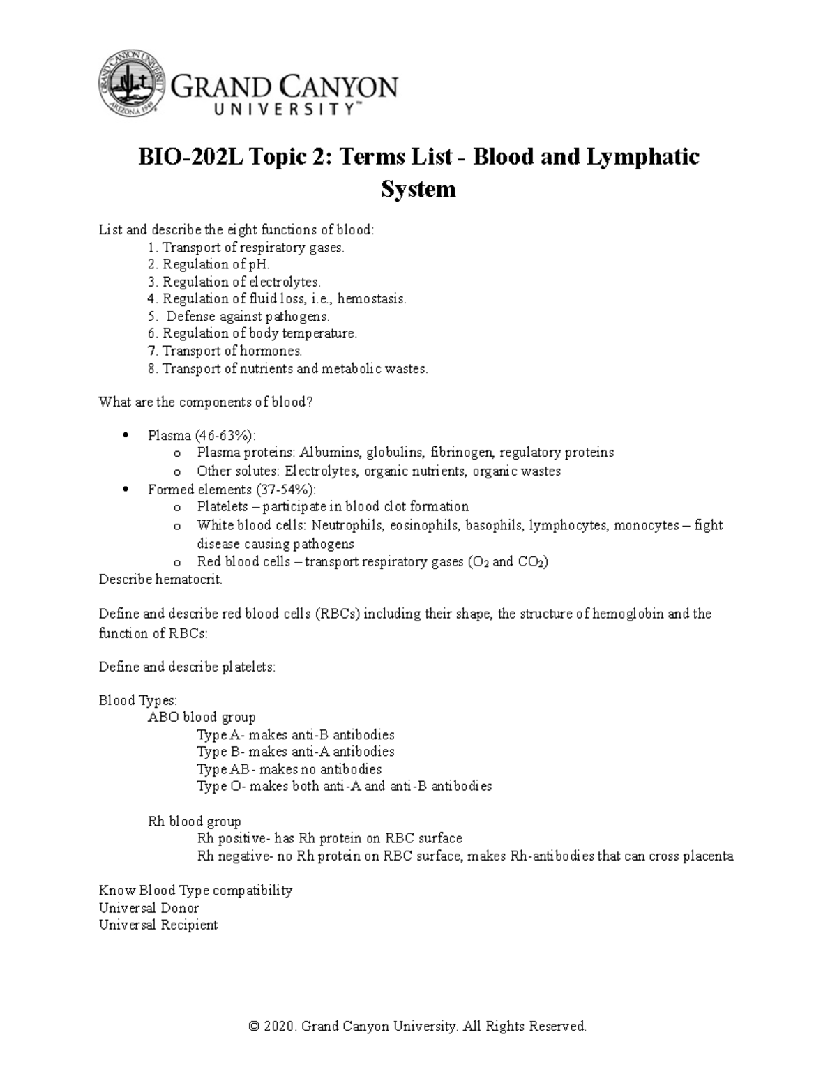 BIO 202L Topic 2: Blood and Lymphatic System Terms Overview - Studocu