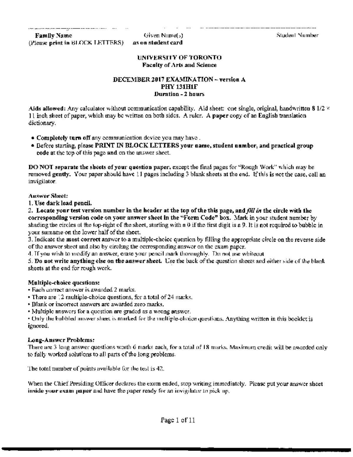 PHY 131H1F December 2017 Final Exam Instructions and Questions - Studocu