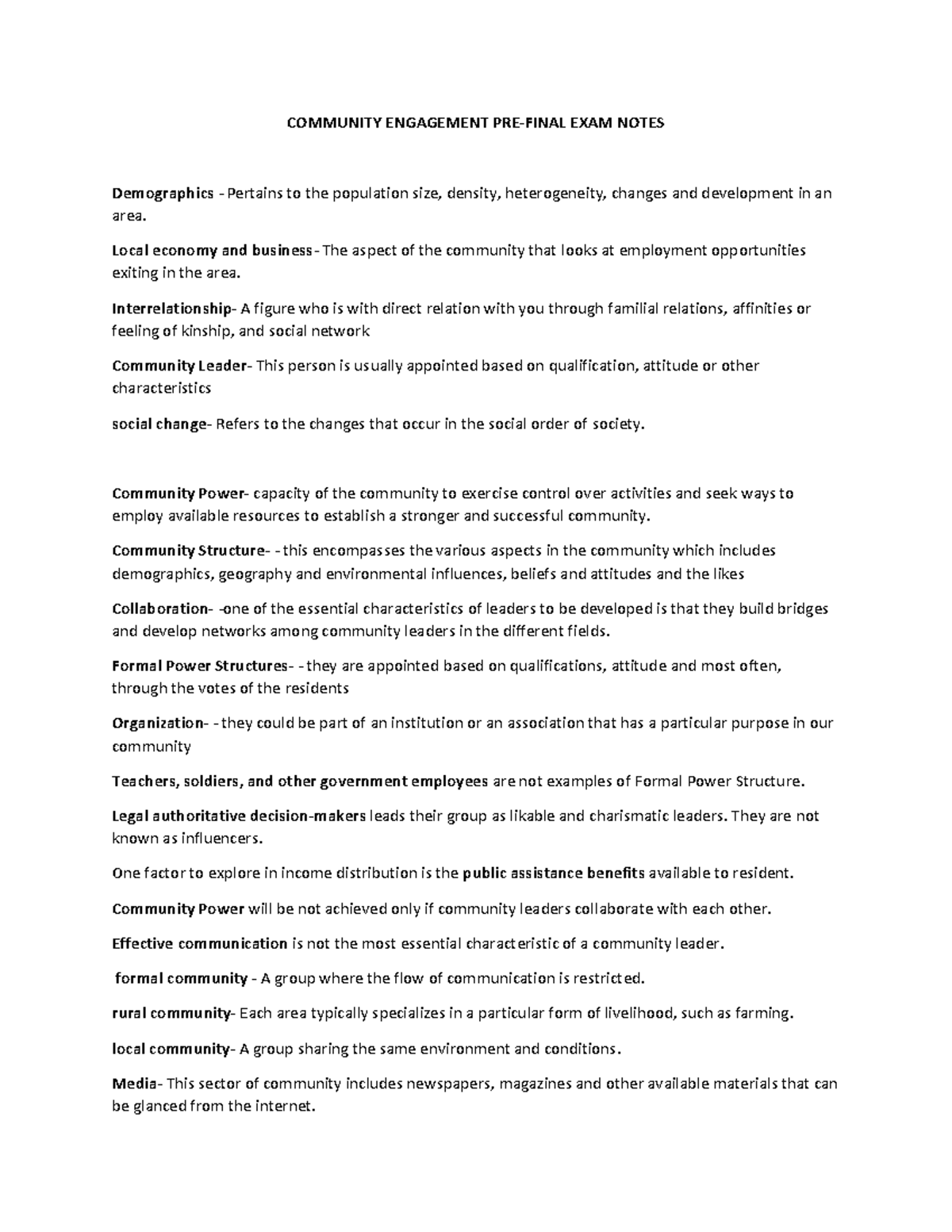 Community Engagement PRE- Final Notes - social studies - Studocu