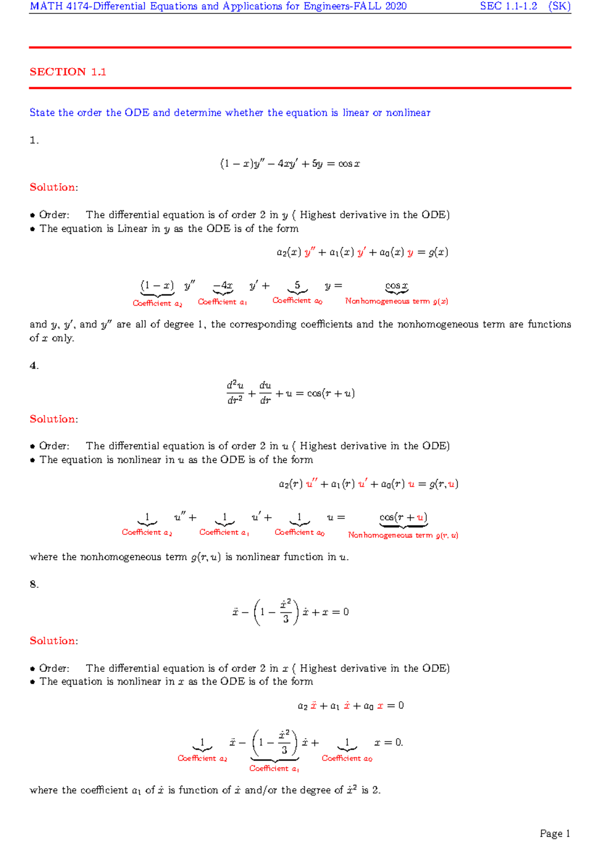 MATH 4174 - Differential Equations: Lecture Notes on ODEs and Solutions ...