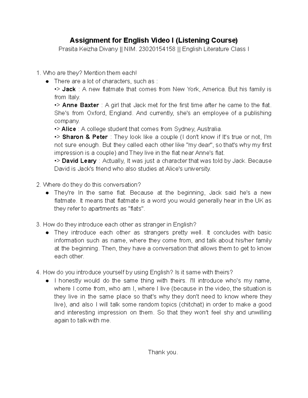 Assignment for English Video I: Character Introductions and Context ...