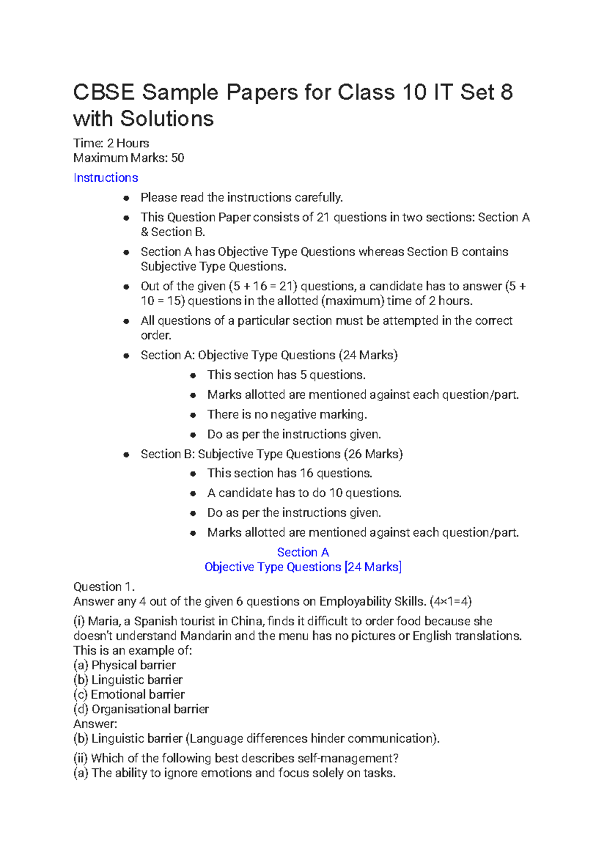 CBSE Class 10 IT Sample Paper Set 8 with Solutions and Instructions ...