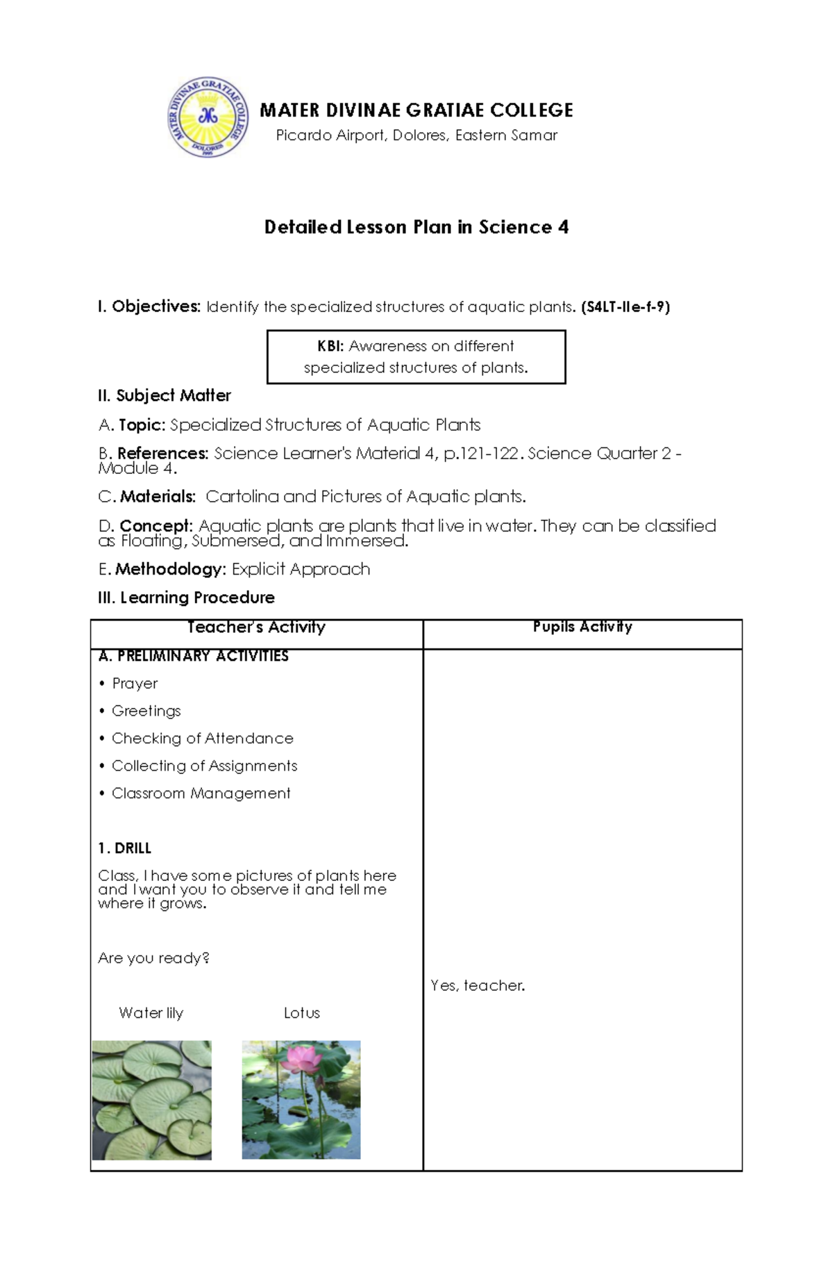 Detailed Lesson Plan in Science 4: Specialized Structures of Aquatic ...