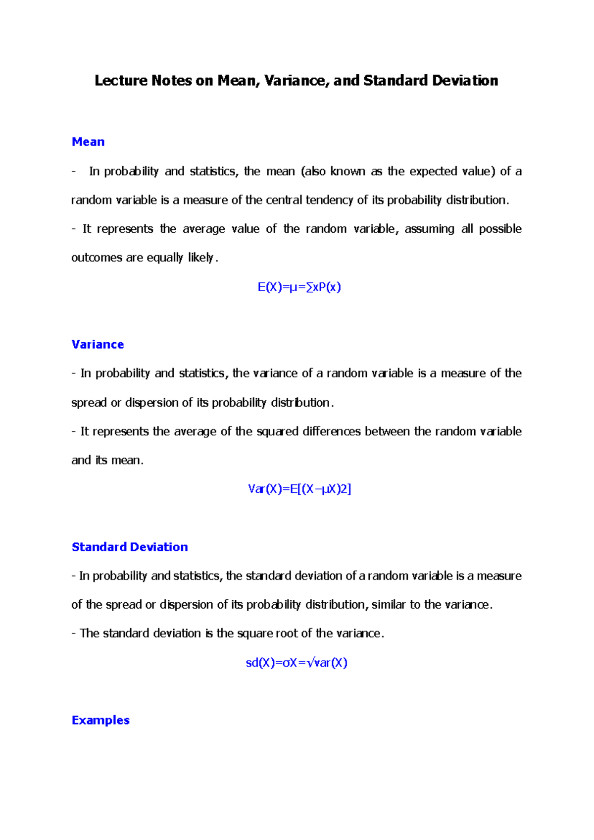 Lecture Notes: Mean, Variance & Standard Deviation Concepts - Studocu