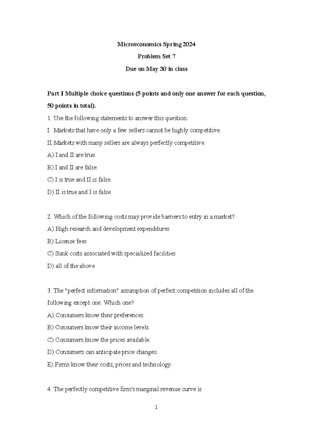 HW7 - Microeconomics - Microeconomics Spring 202 4 Problem Set 7 Due on ...
