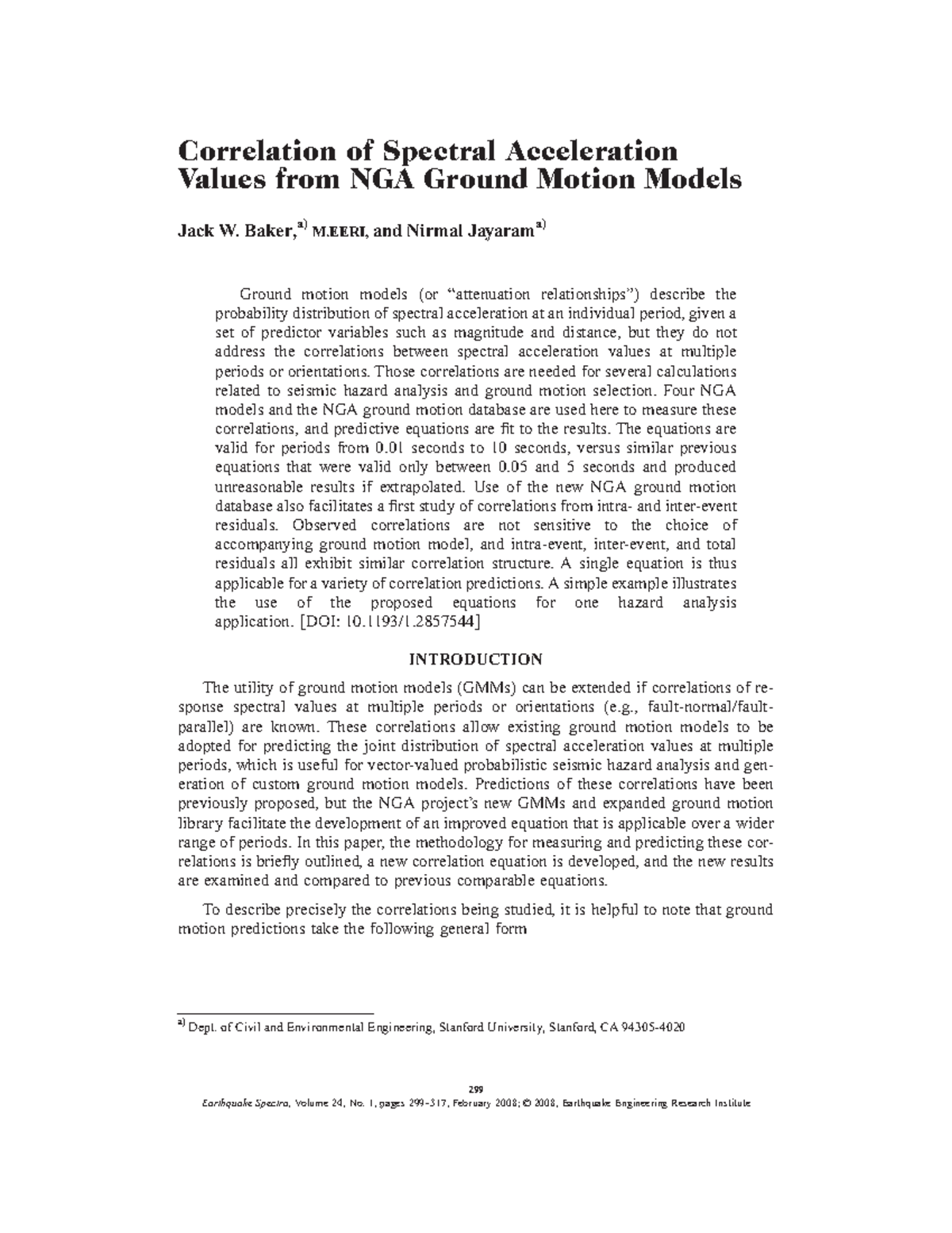 Correlation of Spectral Acceleration Values Using NGA Ground Motion ...