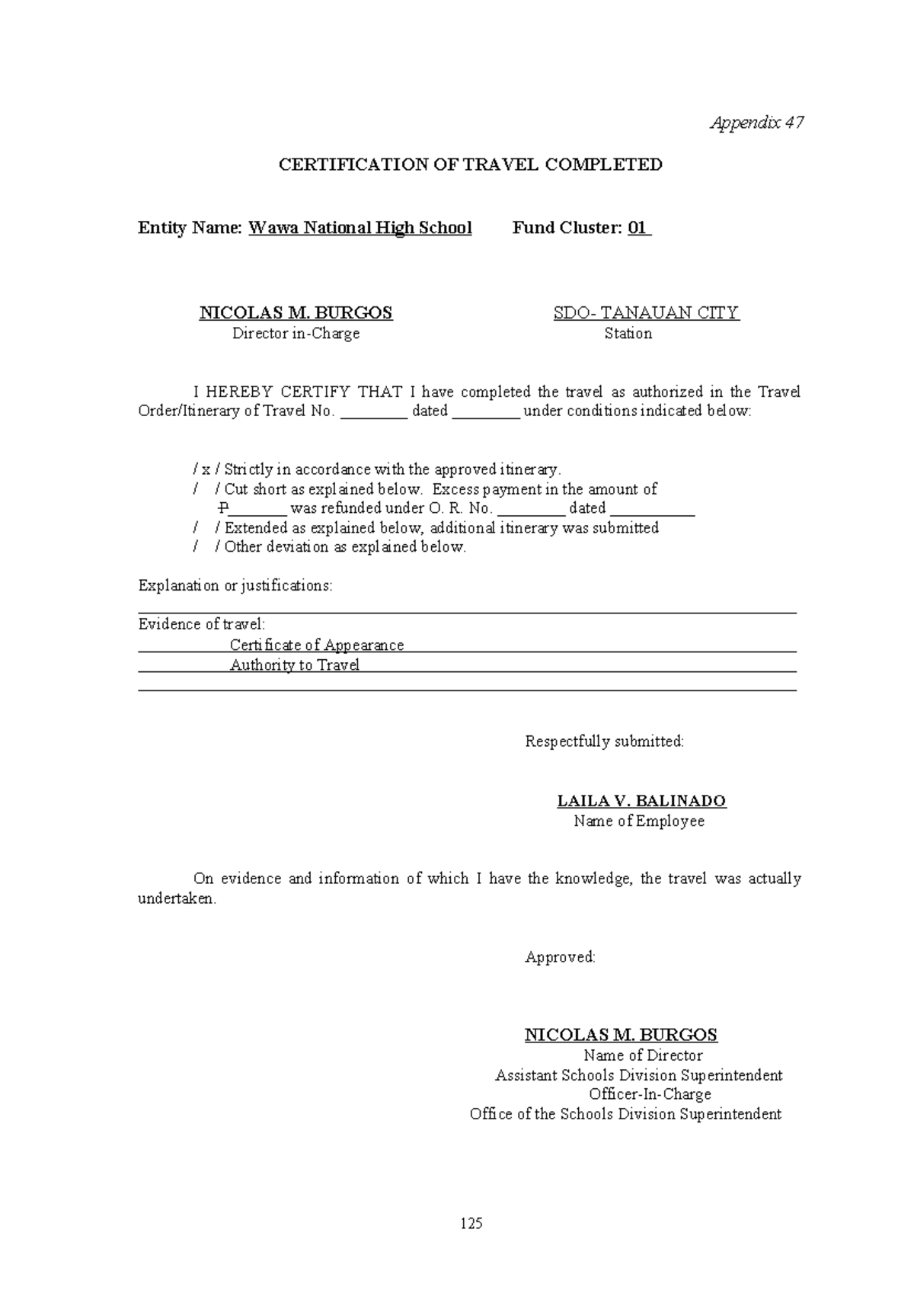 Appendix 47 - Certification of Travel Completed - Wawa National High ...