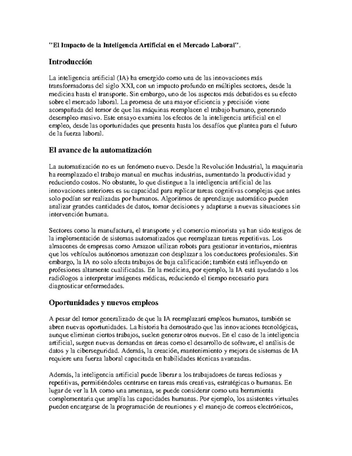 El Impacto de la IA en el Mercado Laboral: Oportunidades y Retos - Studocu