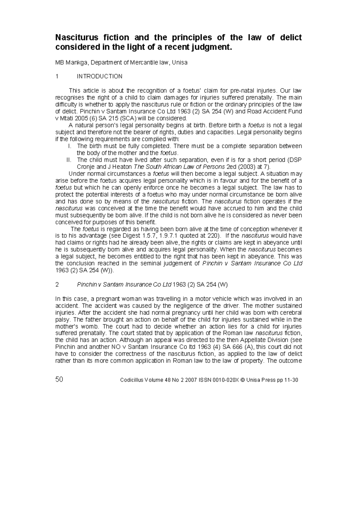 Nasciturus Fiction and Delict Law Principles: Analysis of Key Judgments ...