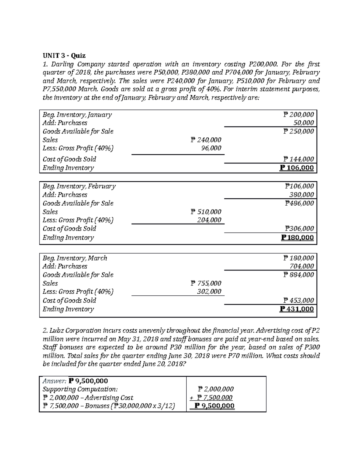 Lecture Notes 3 - UNIT 3 Quiz on Inventory and Costs Analysis - Studocu