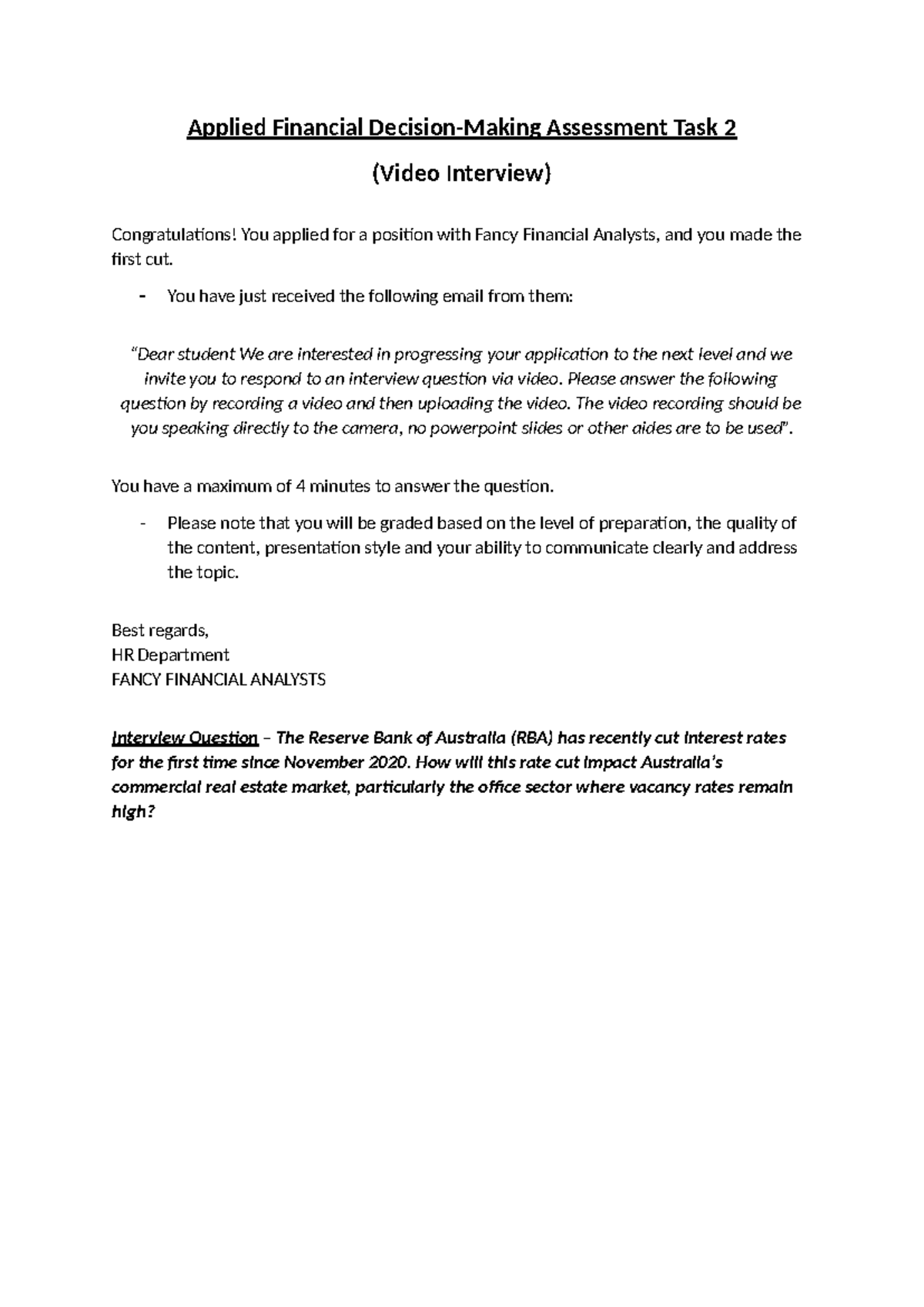 Applied Financial Decision Making Assessment Task 2 (Video Interview ...