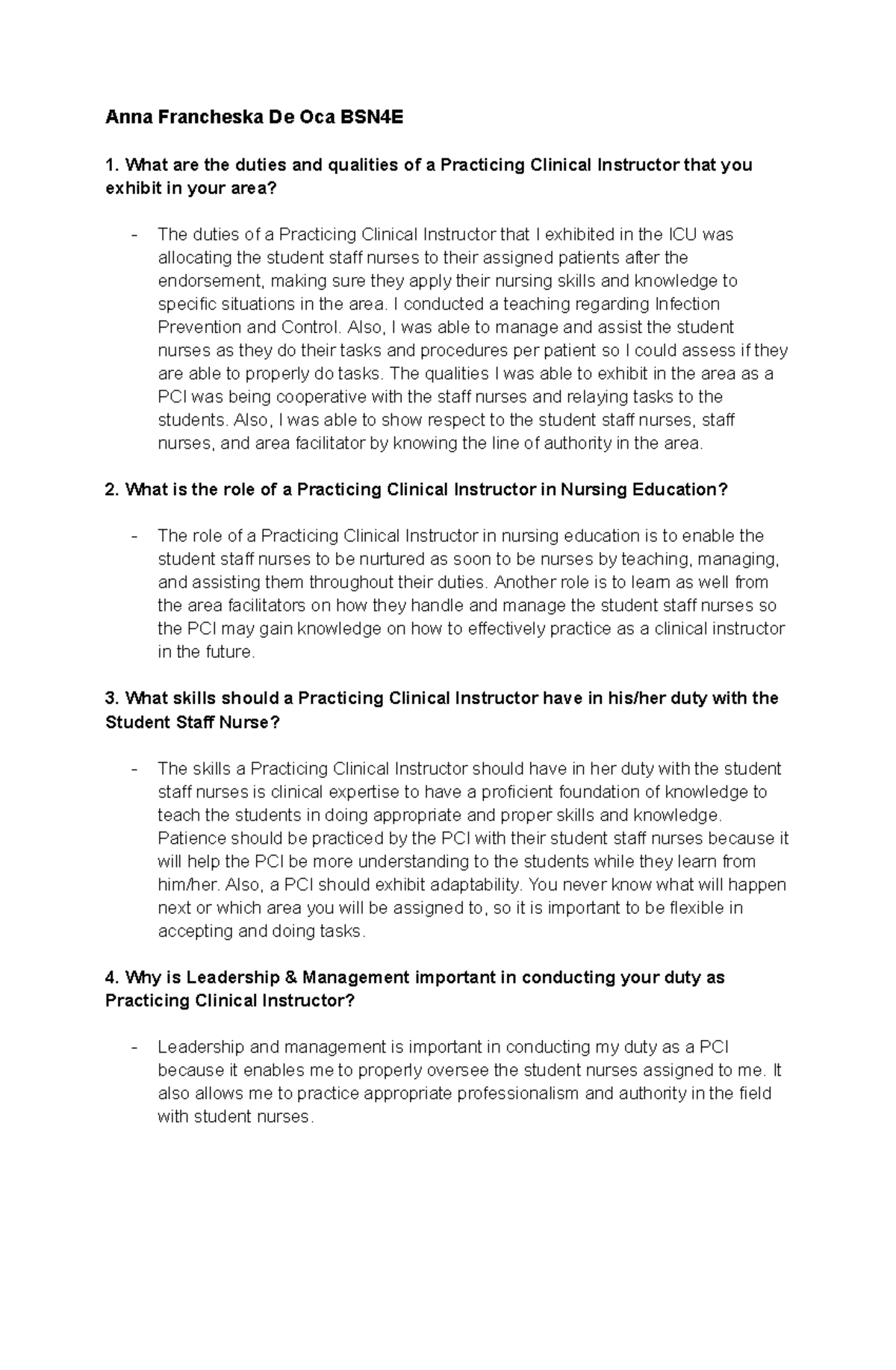 PCI- Essay Notes on Practicing Clinical Instructors in Nursing - Studocu