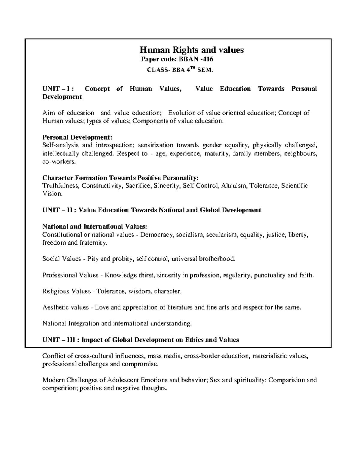 Human Rights and Values: BBAN BBA 4TH SEM Comprehensive Overview - Studocu