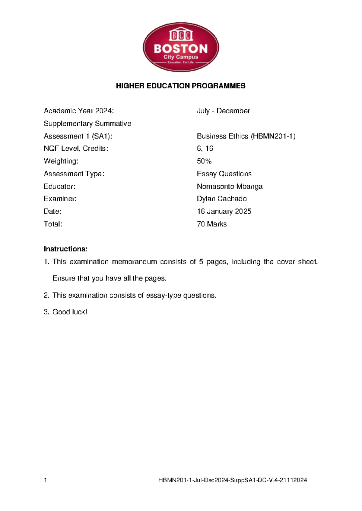 HBMN201 1 Jul-Dec 2024 Supp SA1: Business Ethics Exam Memo - Studocu