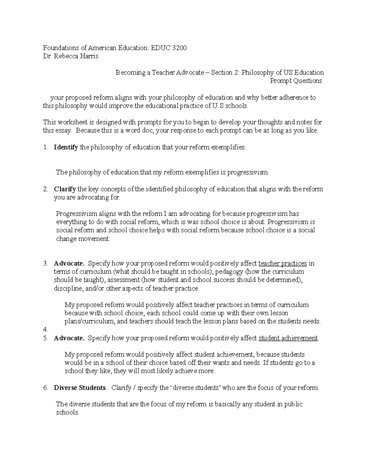 EDUC 3200 Worksheet: Philosophy of US Education & Reform Advocacy - Studocu