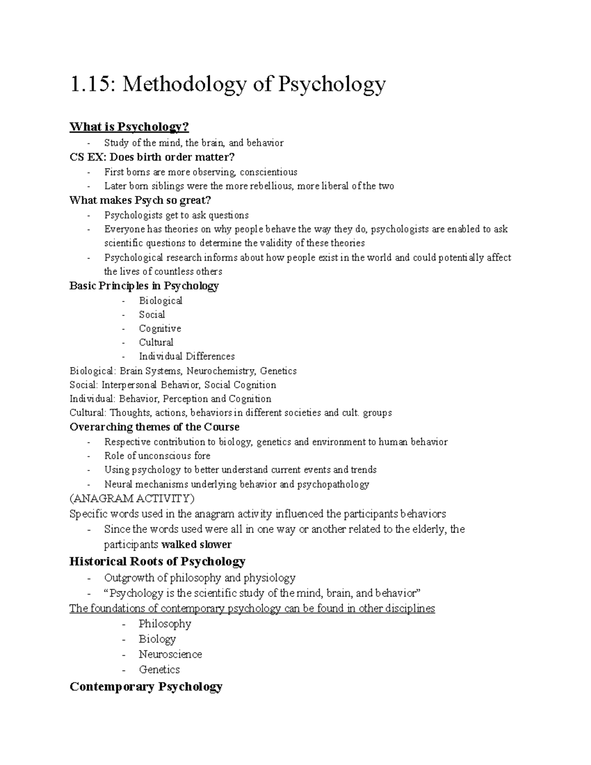 Psychology Methodologies and Neuroscience Overview (PSY 101) - 1 ...