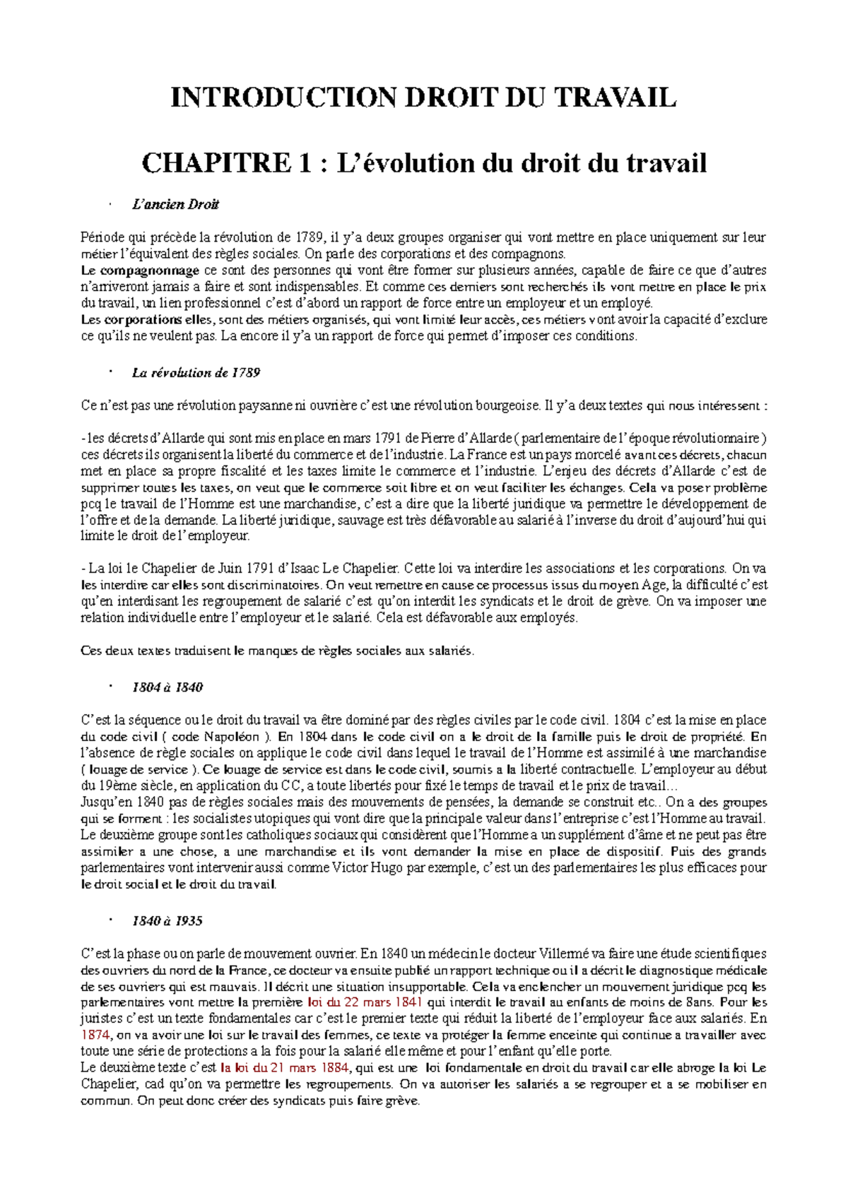 Droit du travail UT1 L3 : Cours Complet et Évolution Historique - Studocu