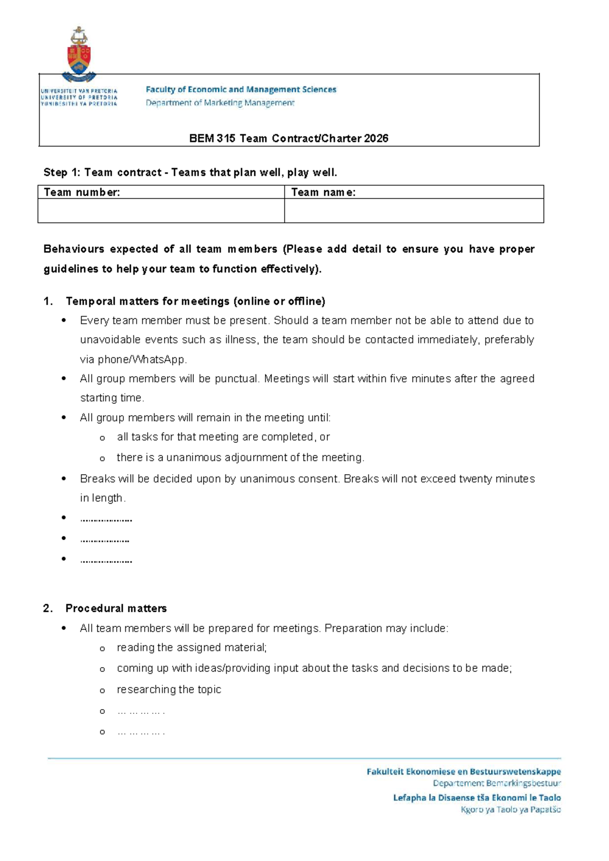 BEM 315 Team 2026: Step 1 - Team Contract Guidelines - Studocu