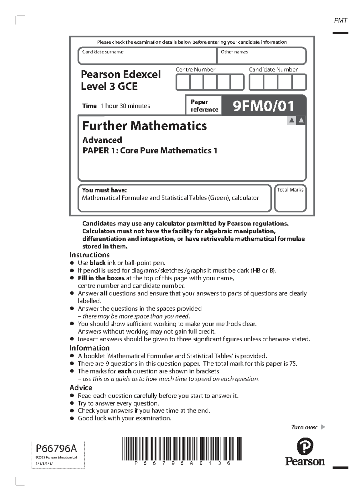 June 2021 QP - Edexcel Level 3 GCE Further Maths Paper 1 Exam - Studocu